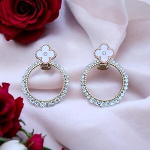 Elegant Pink Crystal Hoop Drop Earrings - Women Jewelry Clip On